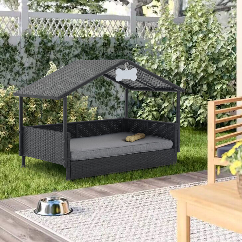 Outdoor Wicker Dog Sofa with Roof and Cushion Tucker Murphy Pet Color Beige